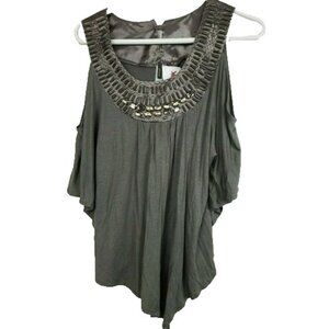 WILSTER Womens Top Medium Olive Green Cold Shoulder Beaded Dolman BOHO Fairy NWT